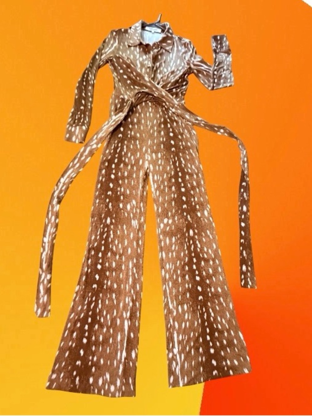 Diane von Furstenberg's Michele Brown Fawn Print Jumpsuit, Soft Knit, Sz XS
